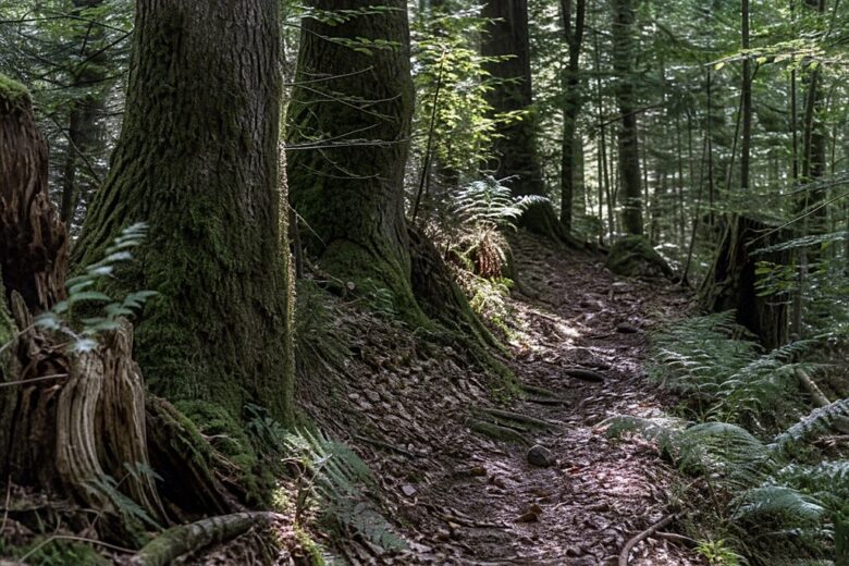 Schmaler Waldpfad zwischen bemoosten Baumstämmen mit einfallenden Sonnenstrahlen